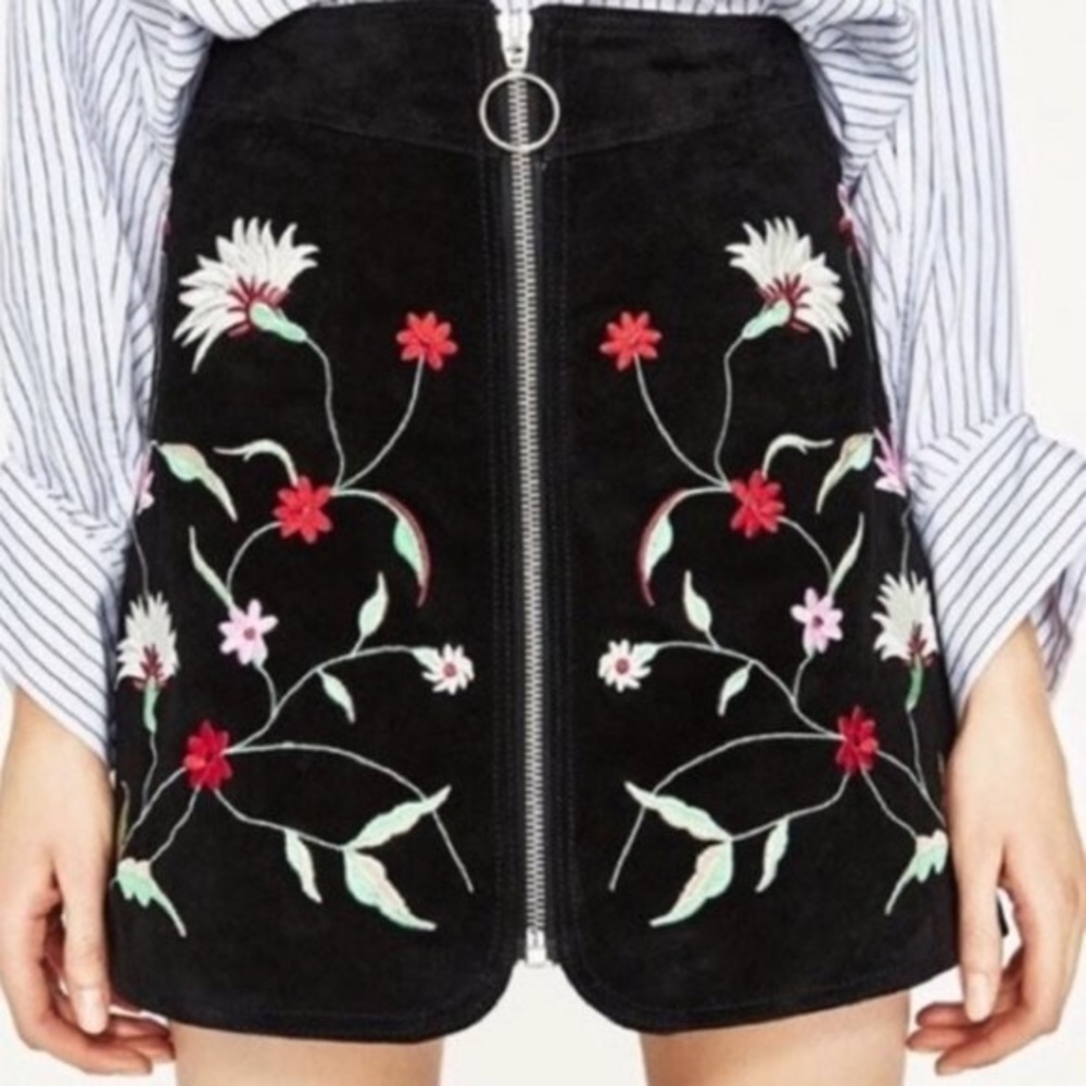 Zara Faux Suede Embroidered Skirt